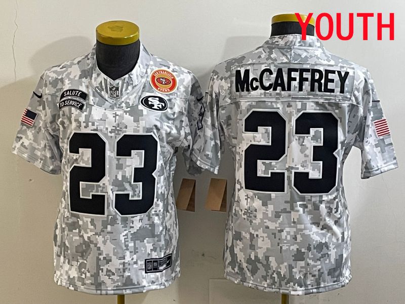 Youth San Francisco 49ers 23 Mccaffrey Nike Arctic Camo 2025 Salute to Service Limited NFL Jersey style 6